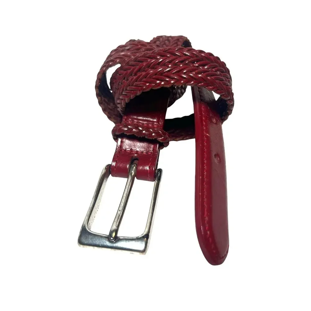 Lands End Leather Braided Skinny Belt Size Small Classic Red Woven Brass Buckle